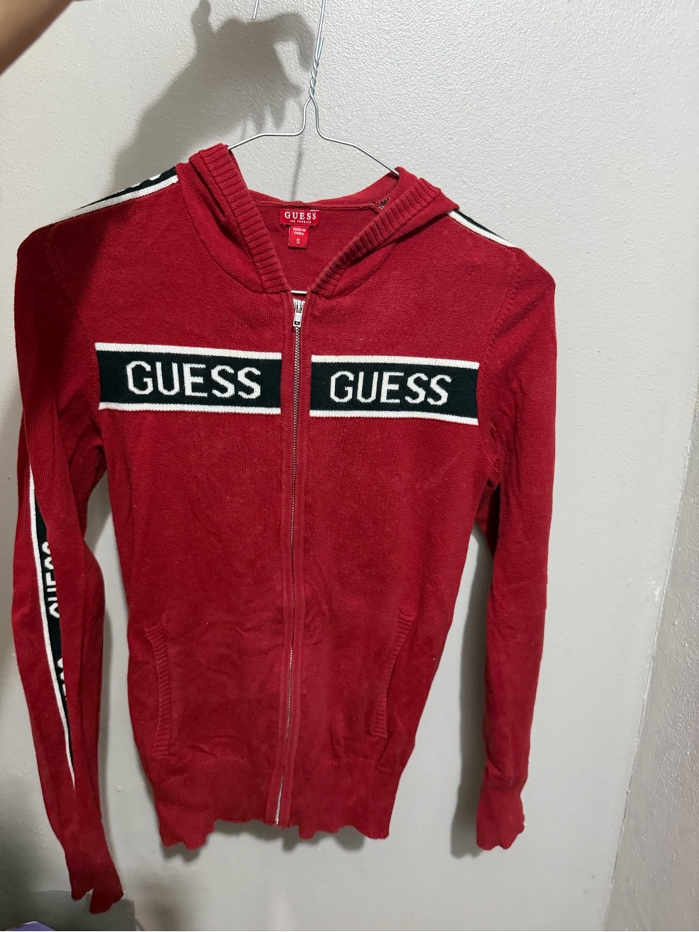GUESS Red Zip Front Hoodie with Black Logo Panels